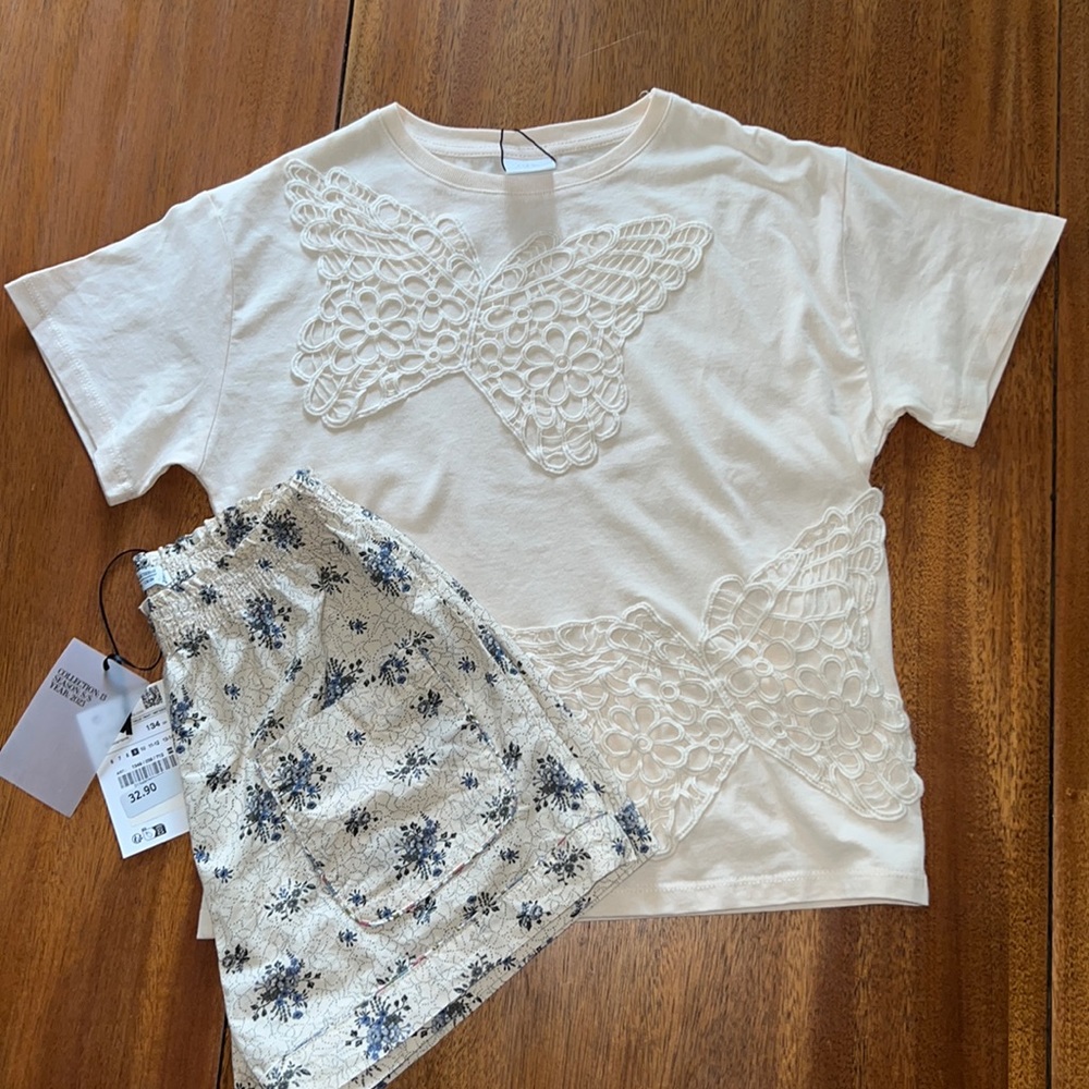 NWT ZARA Girls floral shorts and crochet T-shirt set, size 9-10